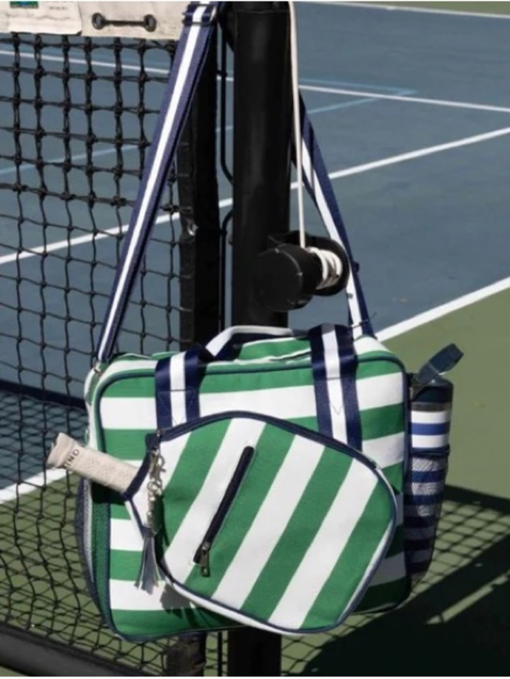 The Lola Pickleball Tote by Fresh Pickle- Green and White Striped With Navy Trim